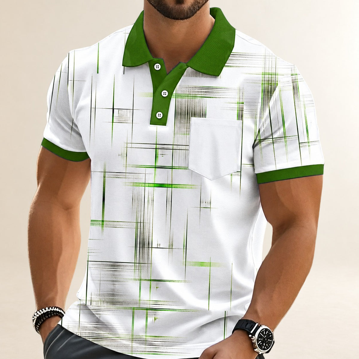 Polo homme à col polo, imprimé grille géométrique, poche poitrine, manches courtes, fermeture à 3 boutons, col et poignets contrastés, coupe