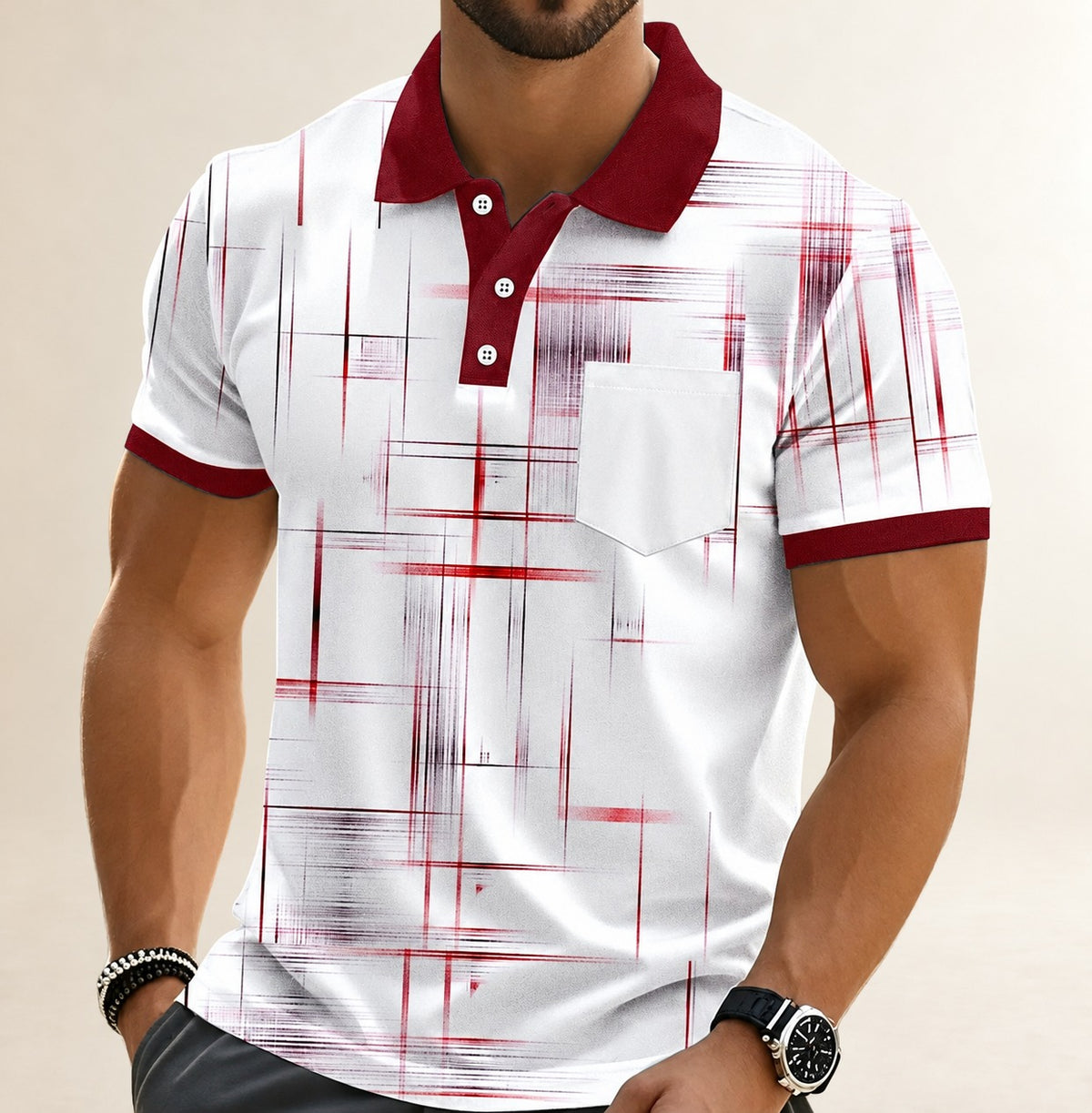 Polo homme à col polo, imprimé grille géométrique, poche poitrine, manches courtes, fermeture à 3 boutons, col et poignets contrastés, coupe