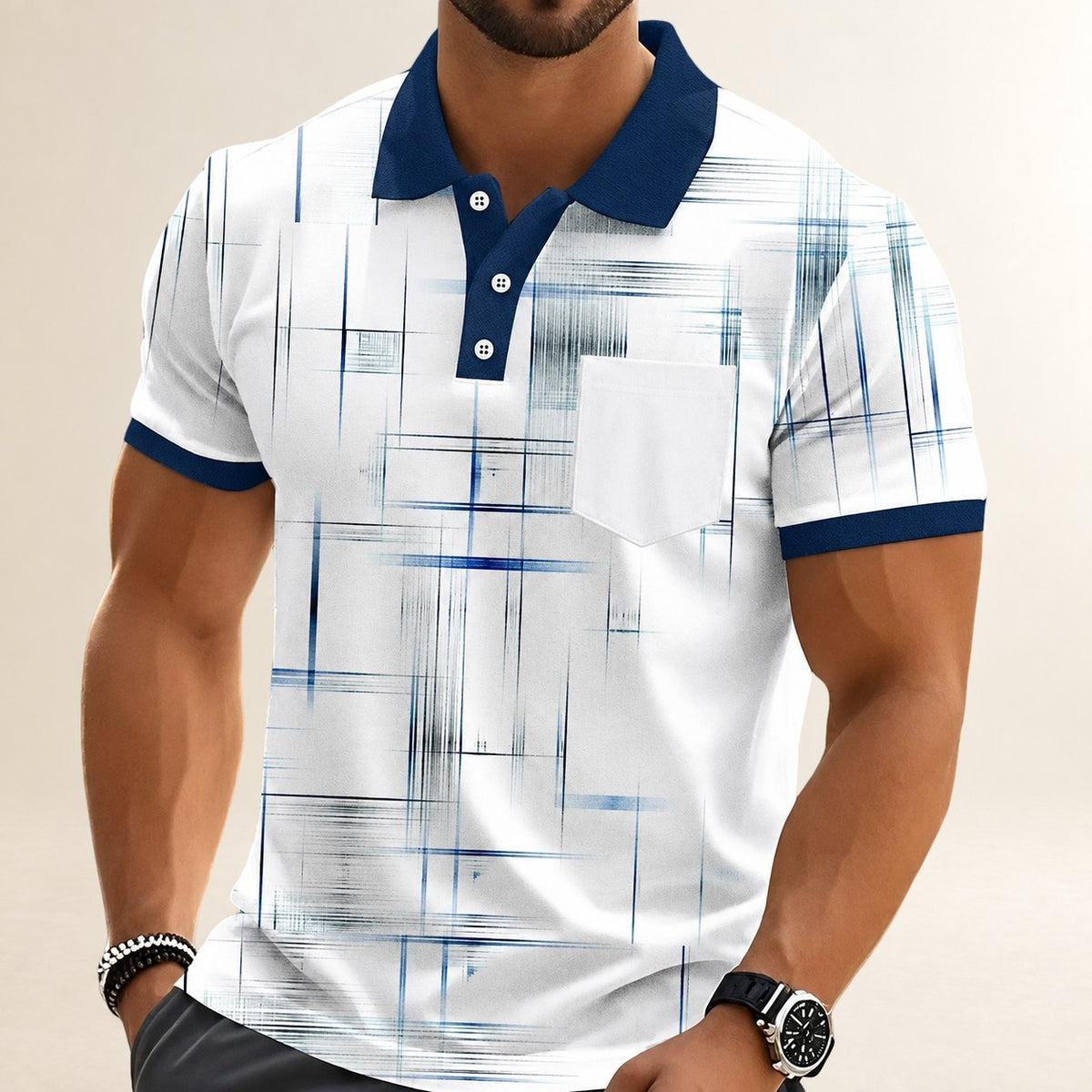 Polo homme à col polo, imprimé grille géométrique, poche poitrine, manches courtes, fermeture à 3 boutons, col et poignets contrastés, coupe