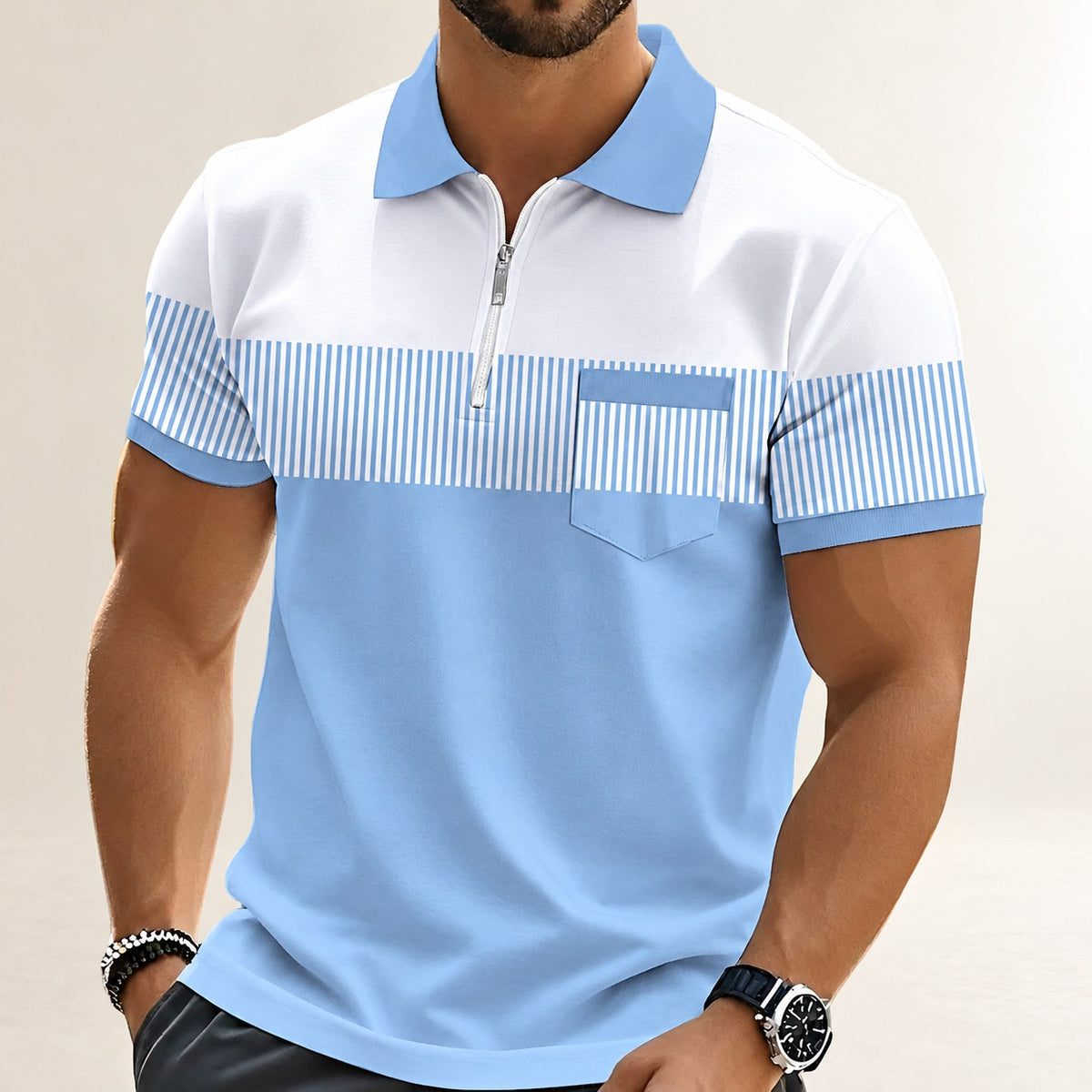 Polo homme à manches courtes avec fermeture zippée partielle sur le plastron - panneau poitrine rayé, coupe décontractée