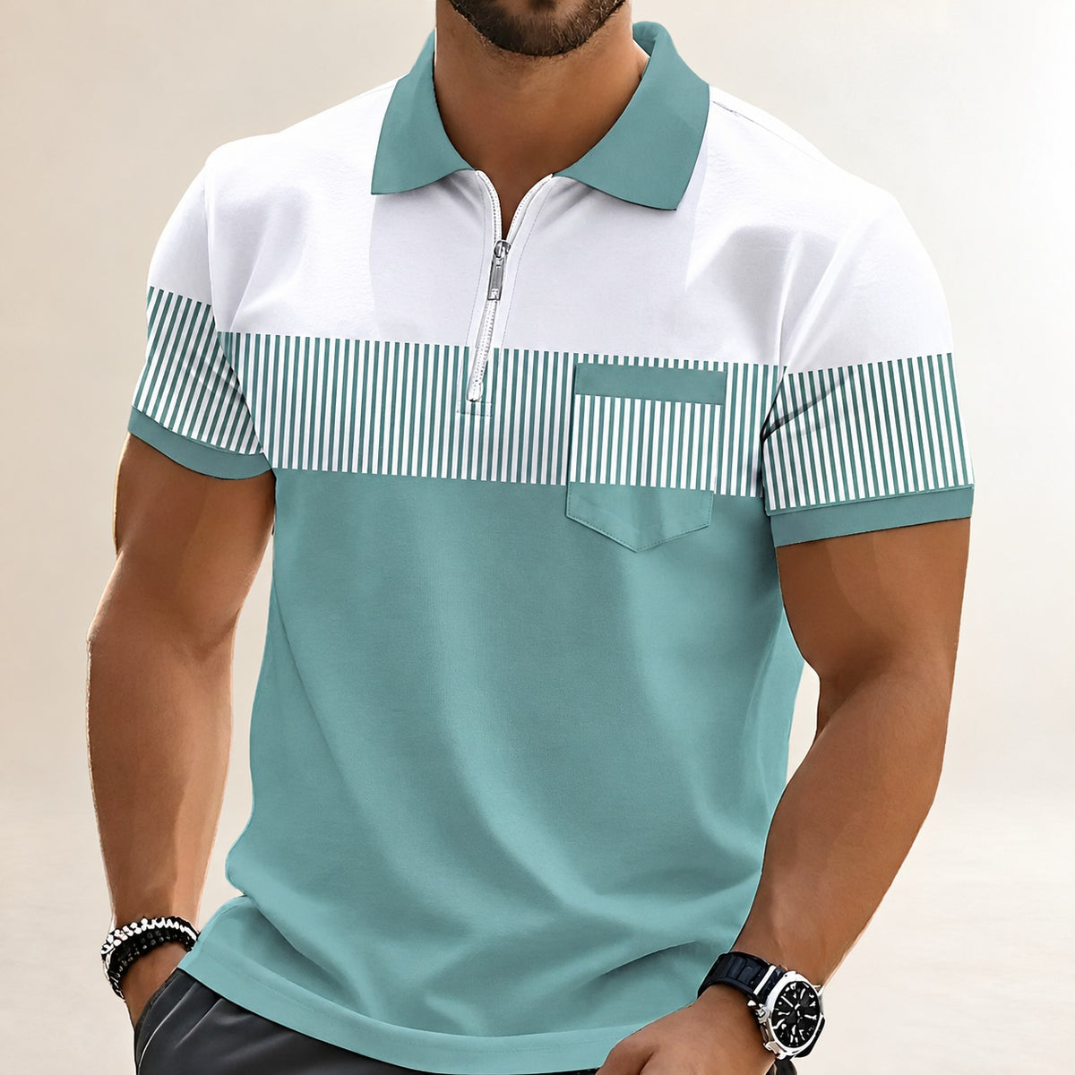 Polo homme à manches courtes avec fermeture zippée partielle sur le plastron - panneau poitrine rayé, coupe décontractée