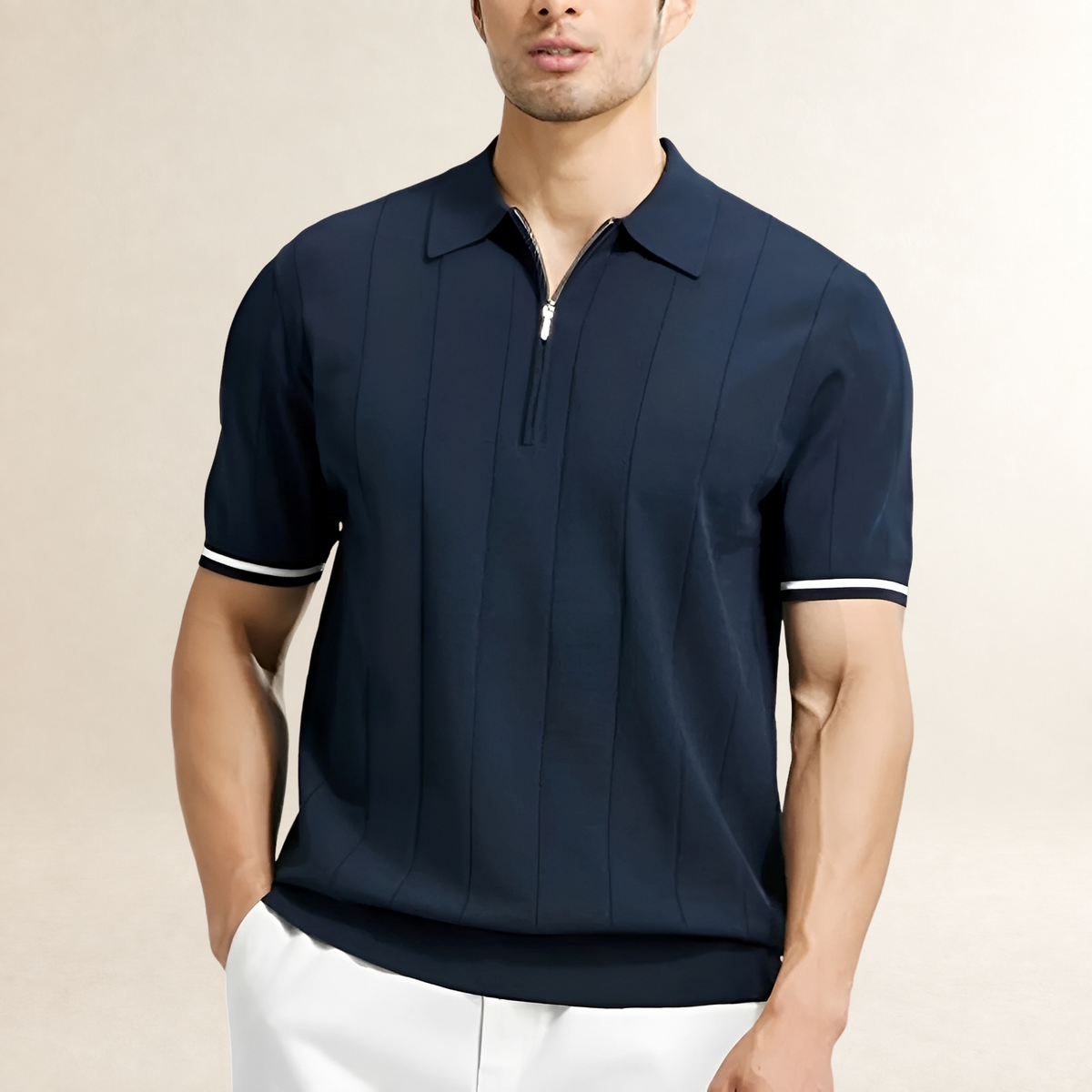 Polo homme à manches courtes à zip et rayures verticales