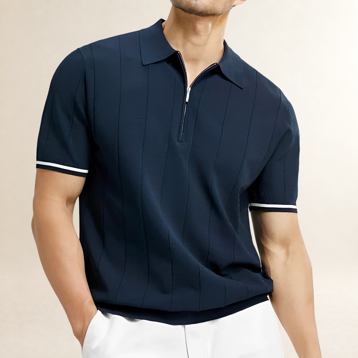 Polo homme à manches courtes à zip et rayures verticales