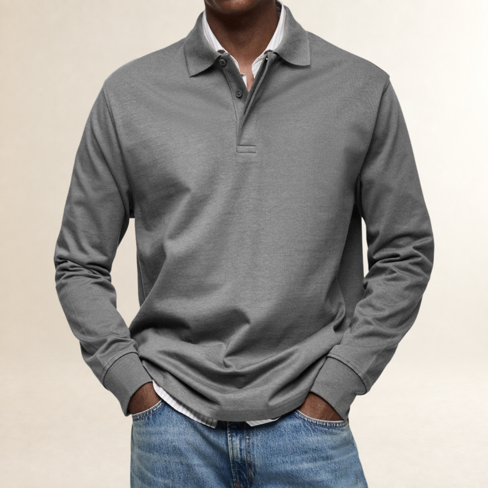 Polo homme à manches longues classique avec col boutonné et coupe décontractée