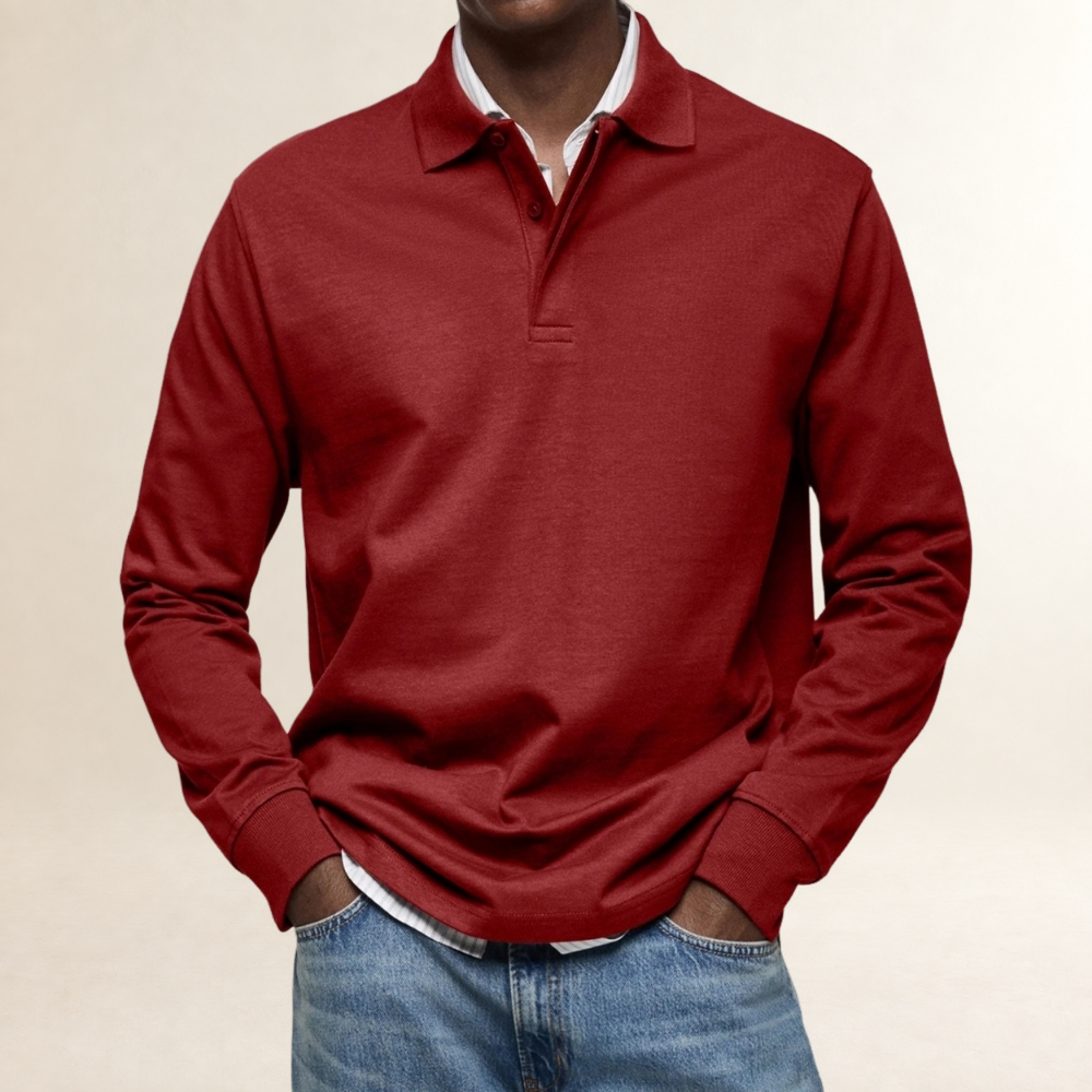Polo homme à manches longues classique avec col boutonné et coupe décontractée