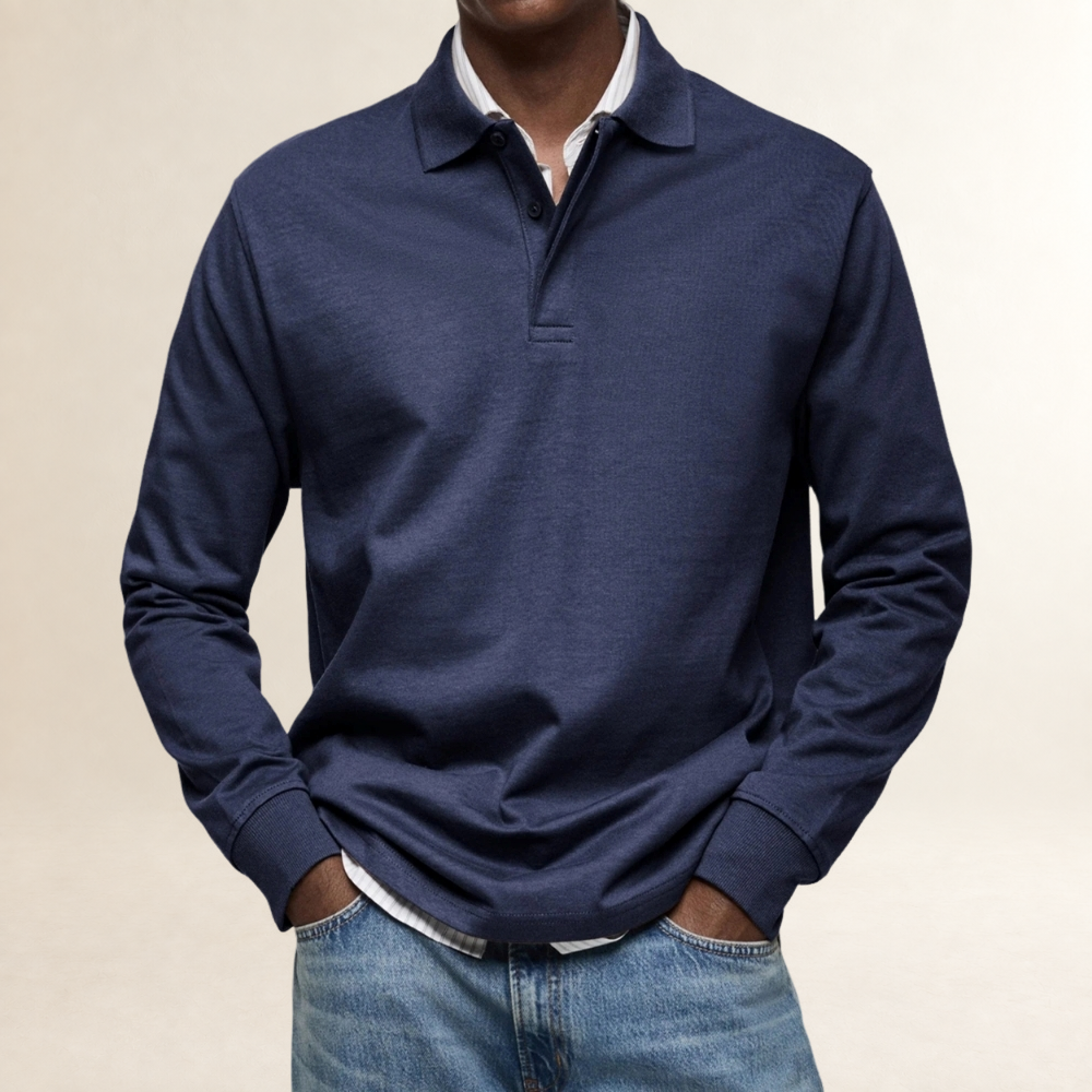 Polo homme à manches longues classique avec col boutonné et coupe décontractée