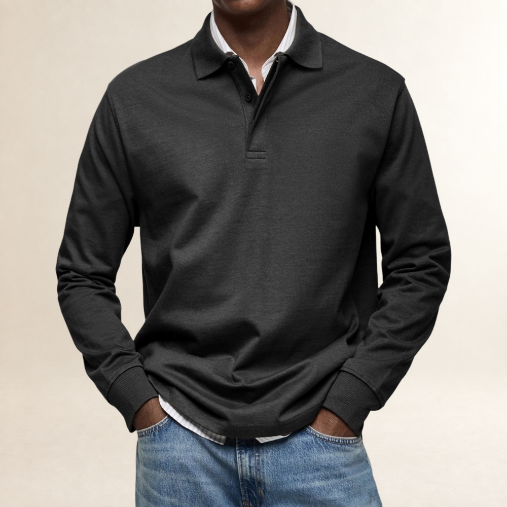 Polo homme à manches longues classique avec col boutonné et coupe décontractée