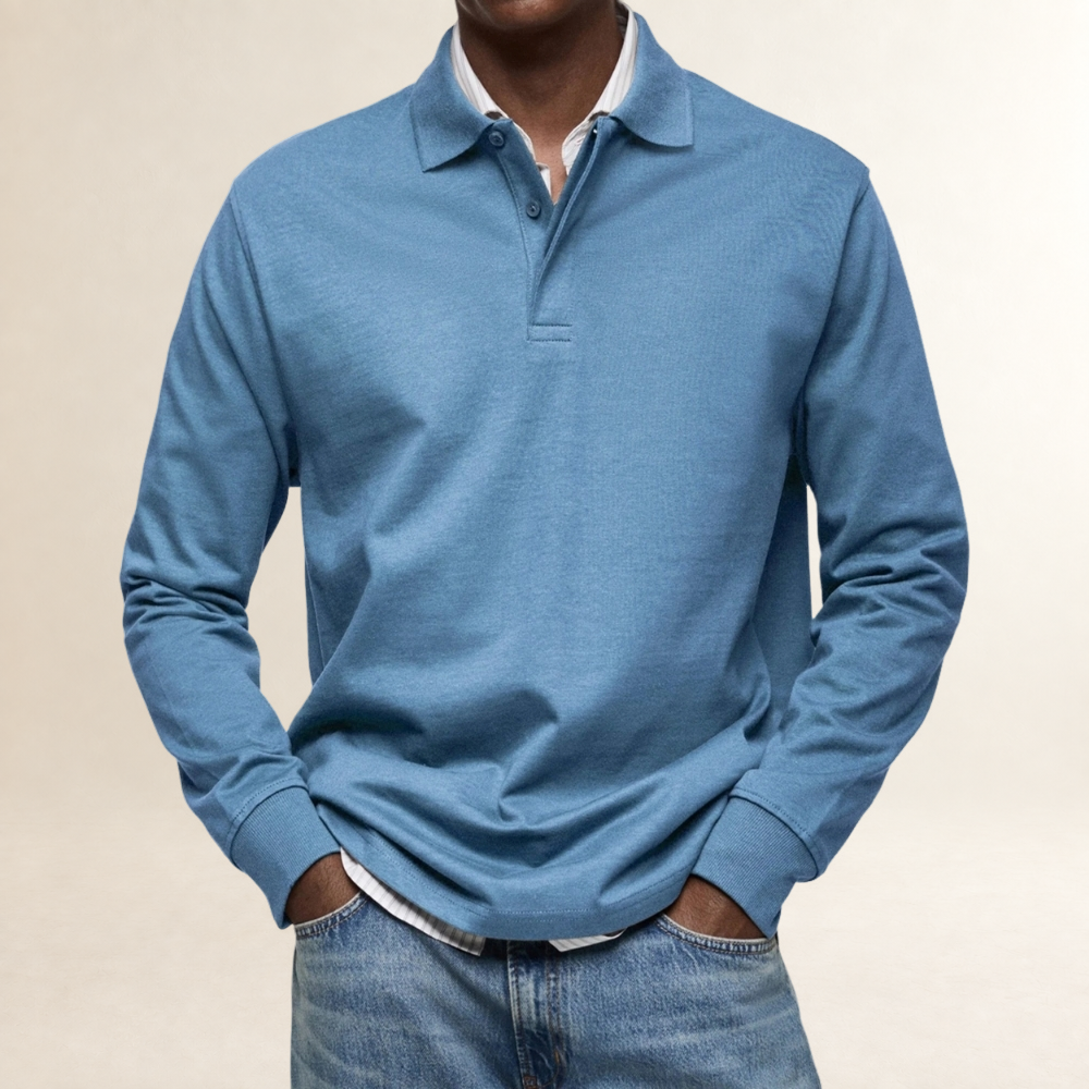 Polo homme à manches longues classique avec col boutonné et coupe décontractée
