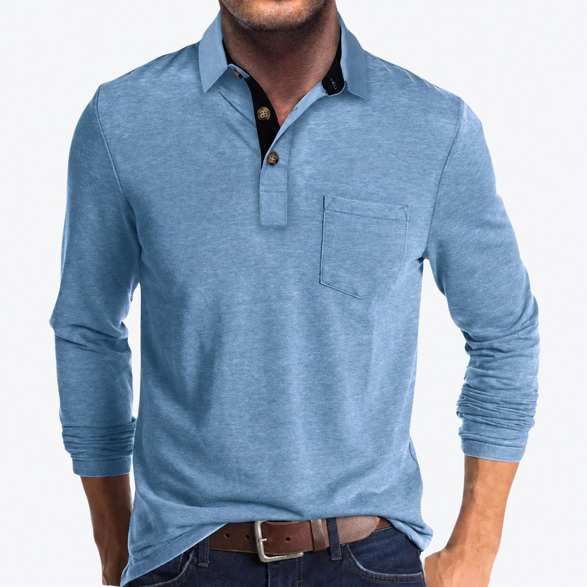 Polo homme à manches longues col classique poche poitrine boutons contrastants coupe ajustée