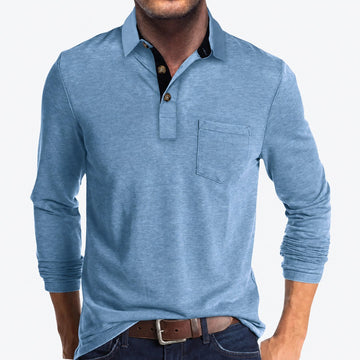 Polo homme à manches longues col classique poche poitrine boutons contrastants coupe ajustée