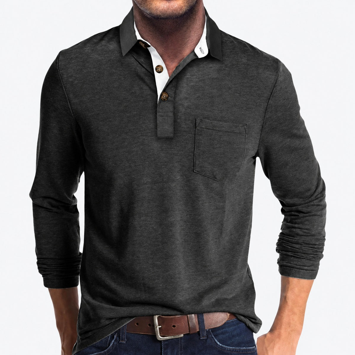 Polo homme à manches longues col classique poche poitrine boutons contrastants coupe ajustée