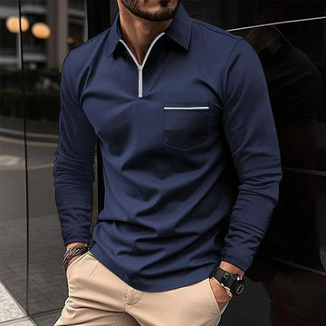Polo homme à manches longues à col zippé et poche poitrine - Coupe régulière