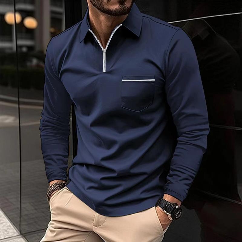Polo homme à manches longues à col zippé et poche poitrine - Coupe régulière