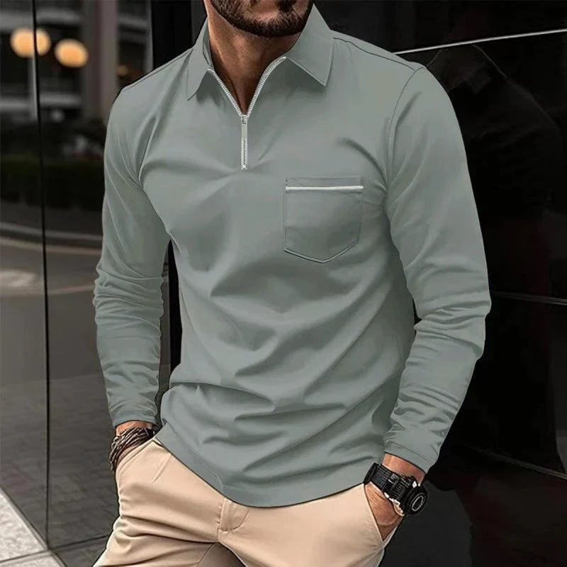 Polo homme à manches longues à col zippé et poche poitrine - Coupe régulière