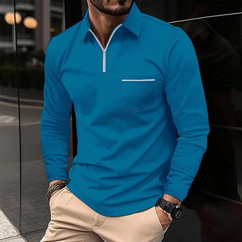 Polo homme à manches longues à col zippé et poche poitrine - Coupe régulière