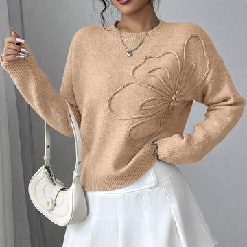 Pull femme broderie florale coupe décontractée col rond