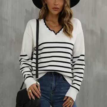 Pull femme à col en V avec bord scallopé et rayures, manches longues - coupe décontractée