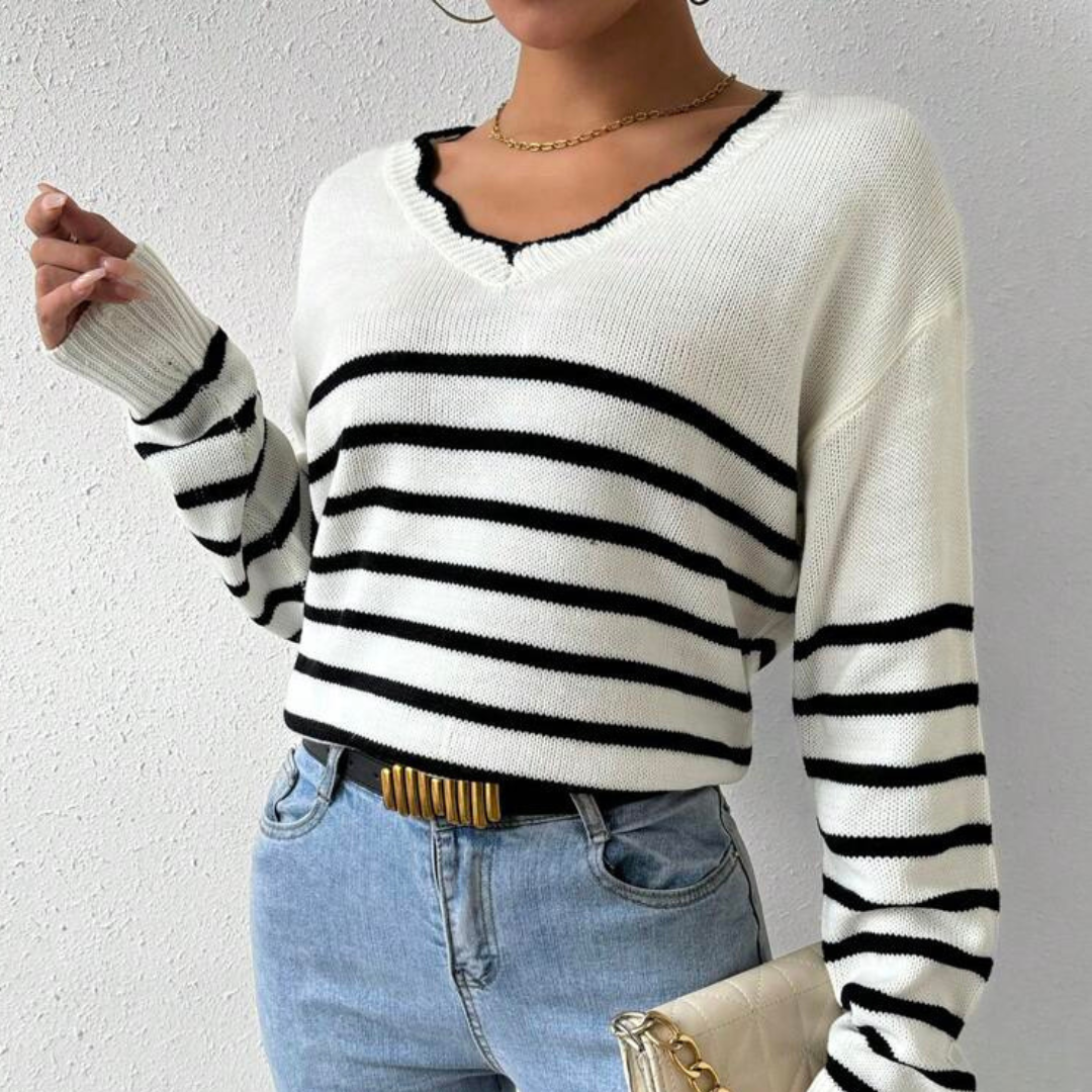 Pull femme à col en V avec bord scallopé et rayures, manches longues - coupe décontractée