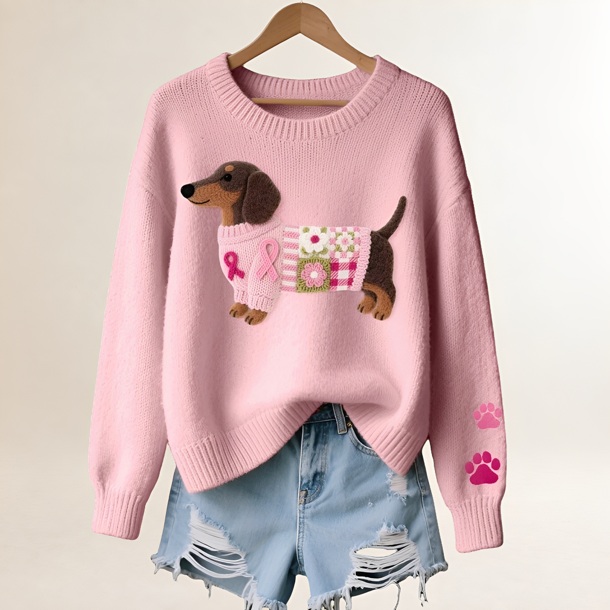 Pull femme à col en V avec motif dachshund, coupe décontractée et patchwork ludique