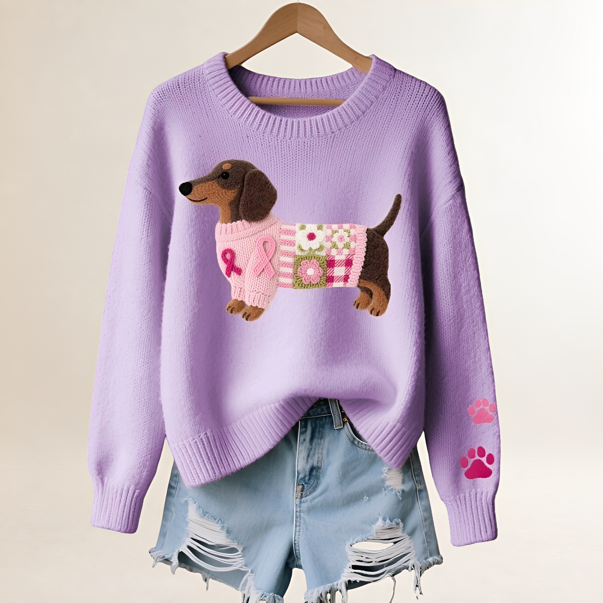 Pull femme à col en V avec motif dachshund, coupe décontractée et patchwork ludique