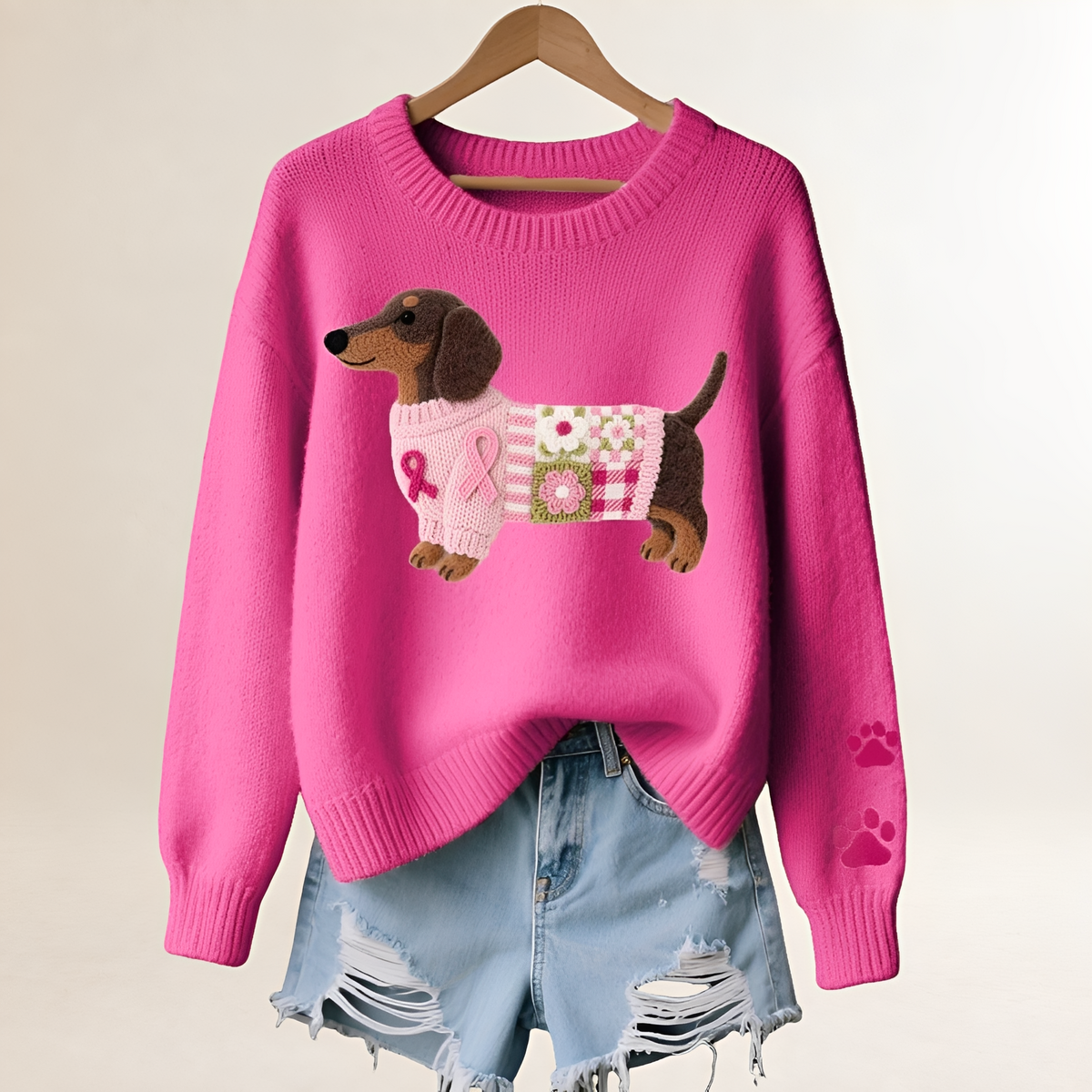 Pull femme à col en V avec motif dachshund, coupe décontractée et patchwork ludique