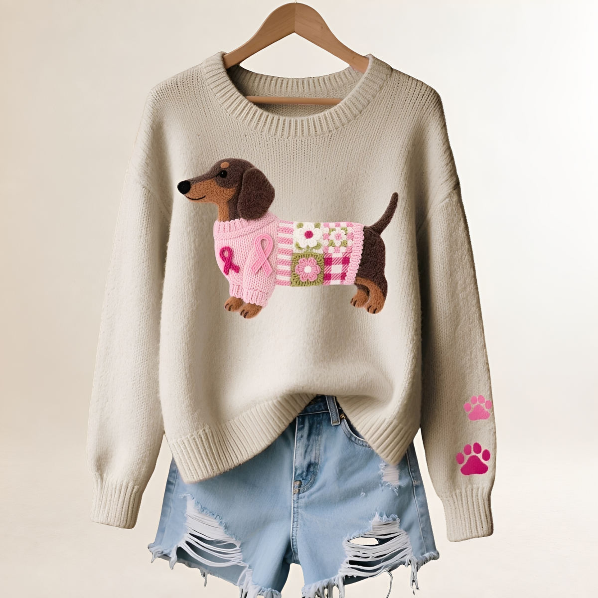 Pull femme à col en V avec motif dachshund, coupe décontractée et patchwork ludique