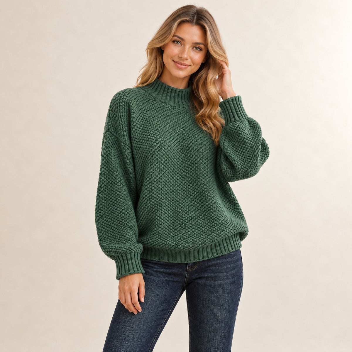 Pull femme à col montant côtelé et point texturé, manches raglan, coupe décontractée
