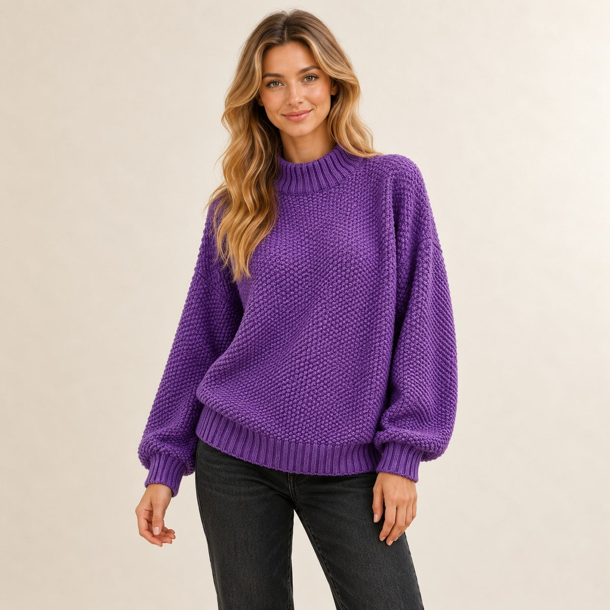 Pull femme à col montant côtelé et point texturé, manches raglan, coupe décontractée