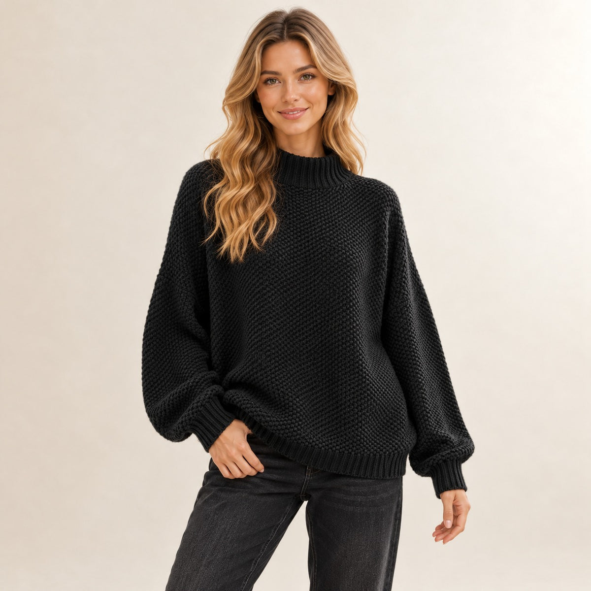 Pull femme à col montant côtelé et point texturé, manches raglan, coupe décontractée