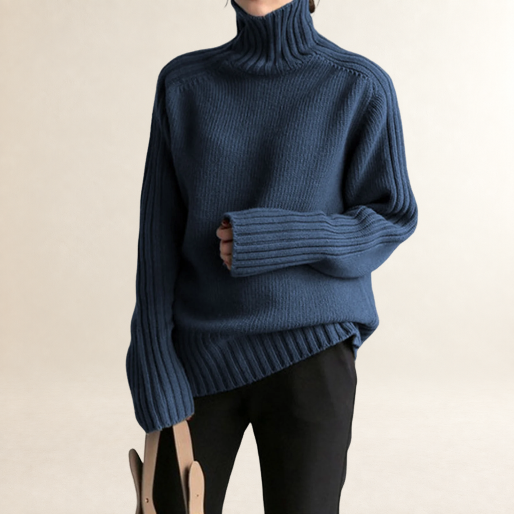 Pull femme à col montant, manches longues, coupe régulière et texture côtelée