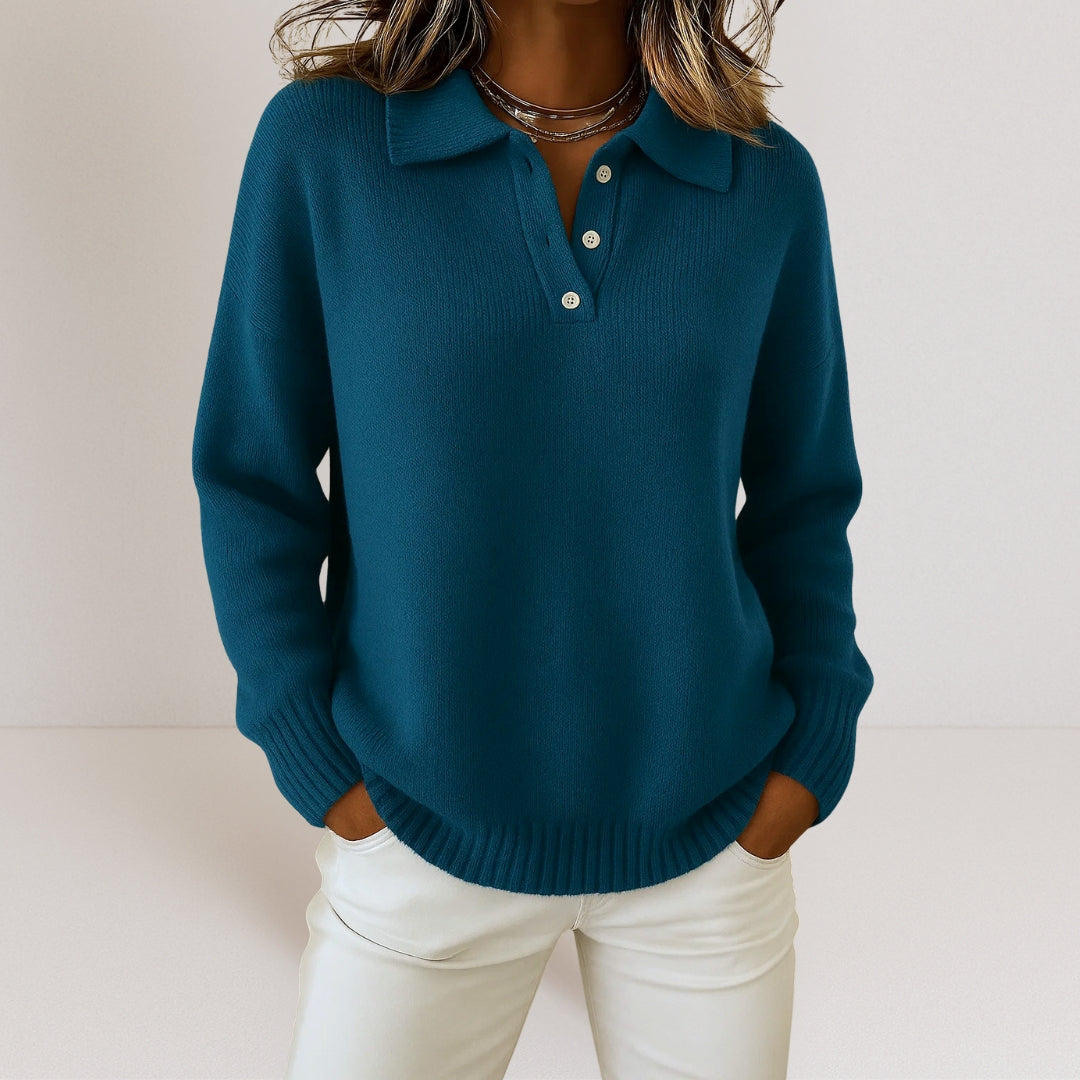 Pull femme à col polo avec boutonnière et coupe décontractée