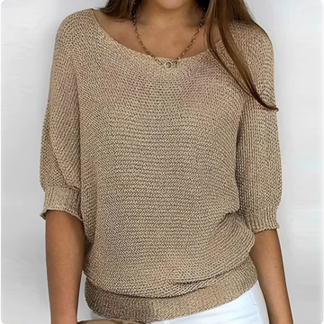 Pull femme à col rond, manches 3/4, coupe ample, bas et poignets côtés