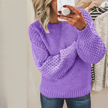 Pull femme col rond manches raglan ballon à texture mixte et ourlet côtelé - coupe décontractée