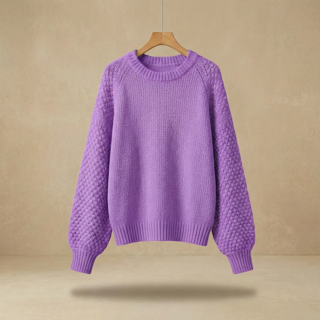 Pull femme col rond manches raglan ballon à texture mixte et ourlet côtelé - coupe décontractée
