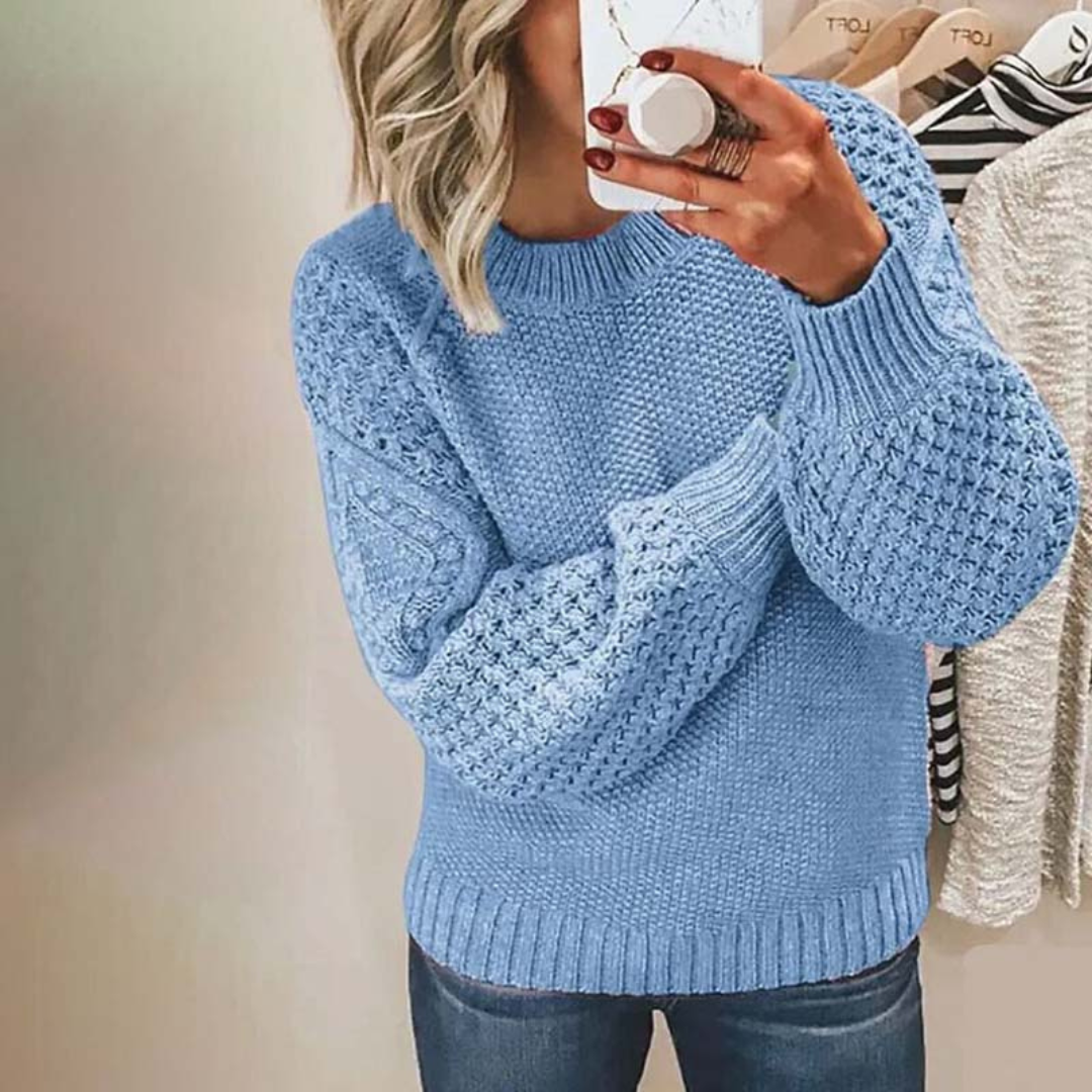 Pull femme col rond manches raglan ballon à texture mixte et ourlet côtelé - coupe décontractée