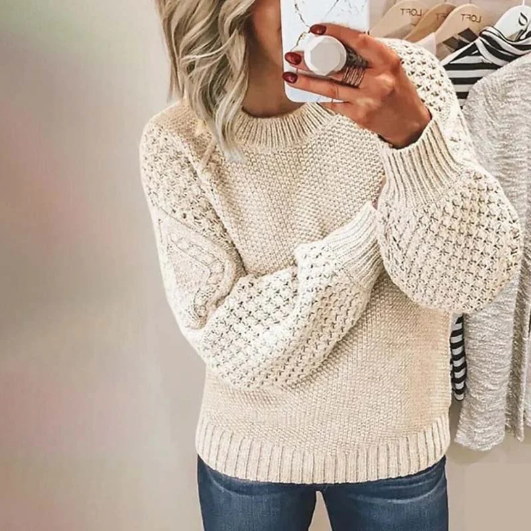 Pull femme col rond manches raglan ballon à texture mixte et ourlet côtelé - coupe décontractée