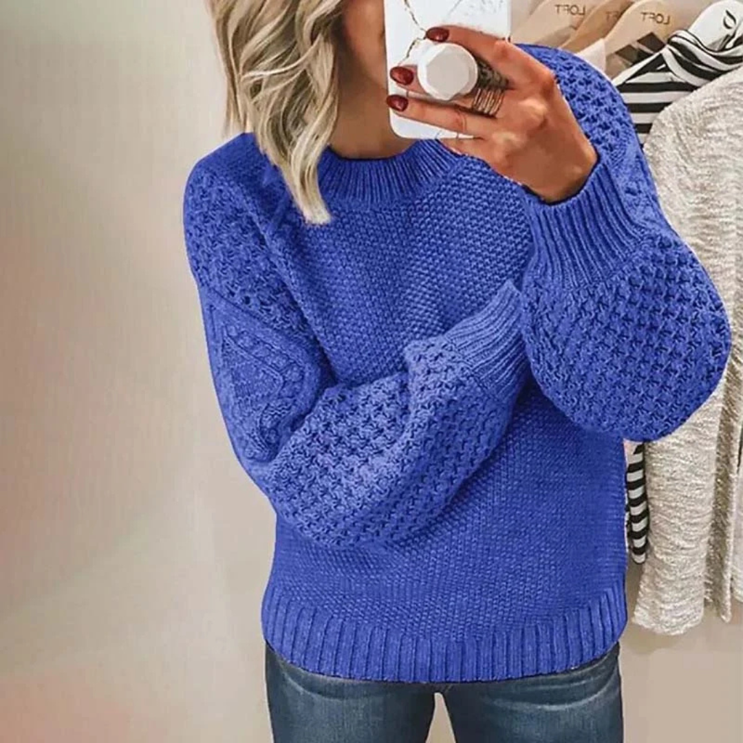 Pull femme col rond manches raglan ballon à texture mixte et ourlet côtelé - coupe décontractée