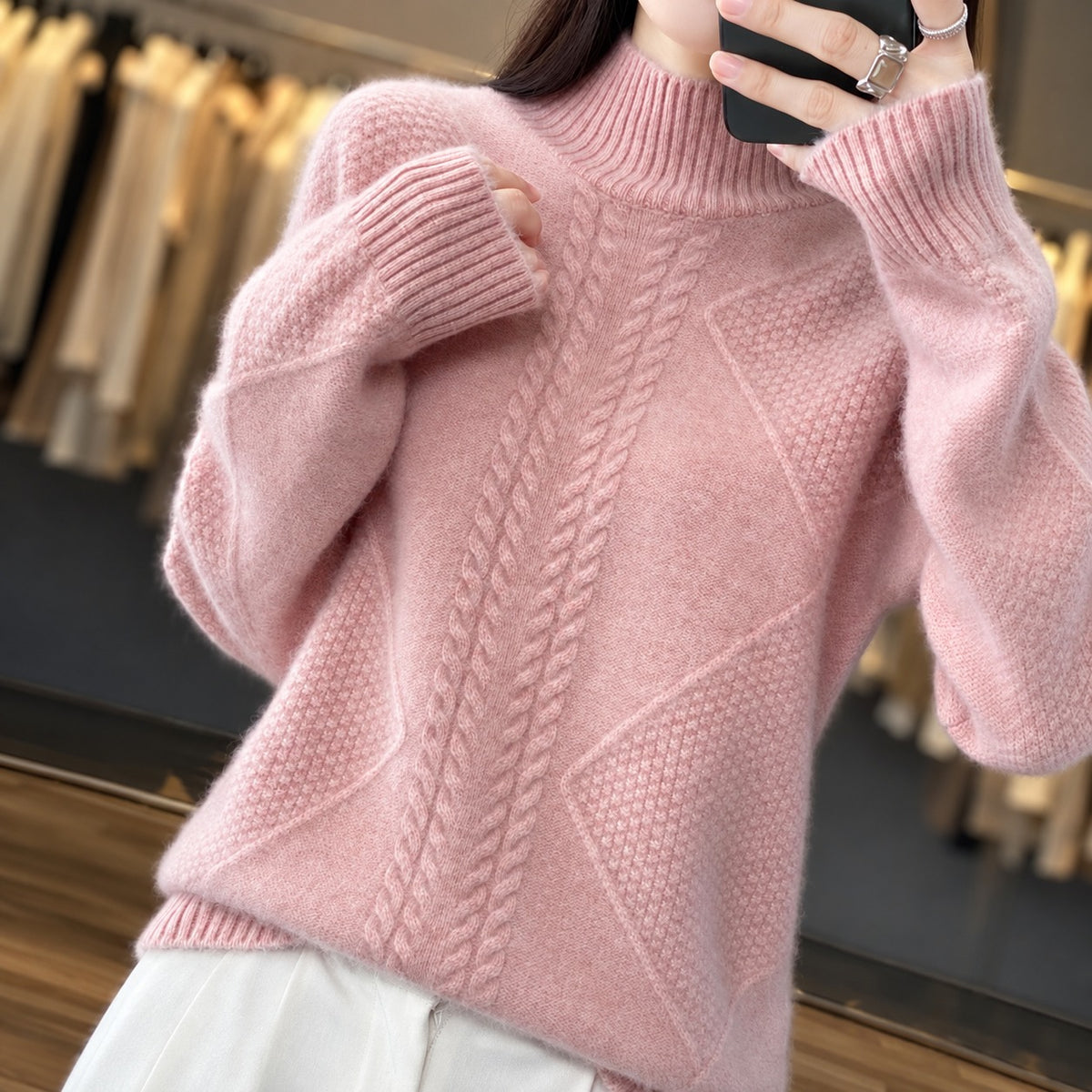 Pull femme à col roulé textured coupe décontractée manches longues