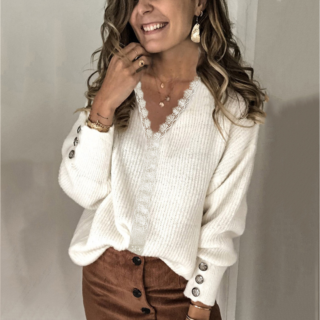 Pull femme à encolure en V avec panneau central en dentelle et poignets à boutons, coupe décontractée