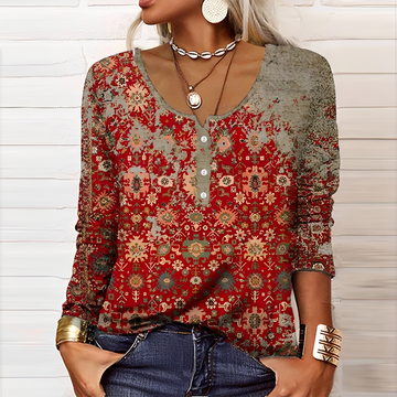 Pull femme à manches longues à fleurs et col boutonné