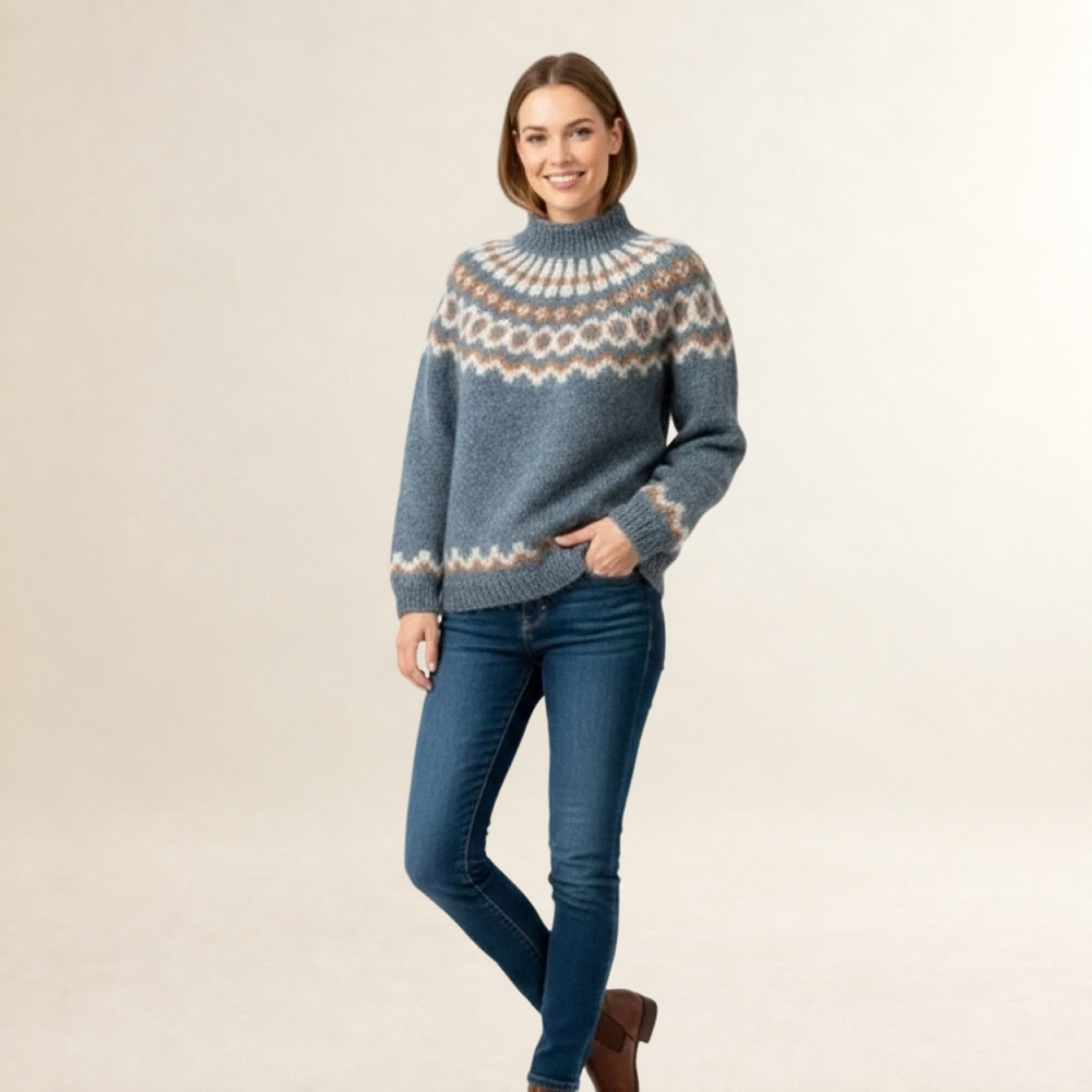 Pull femme à motif nordique col haut coupe décontractée manches longues