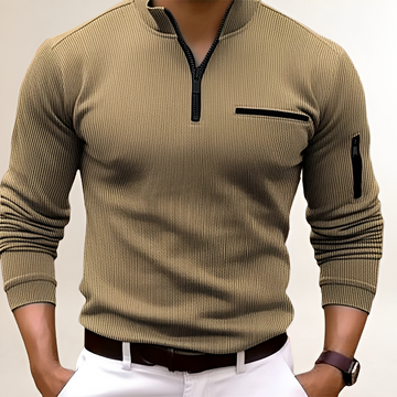 Pull homme à col zippé avec poche poitrine - design côtelé, coupe slim