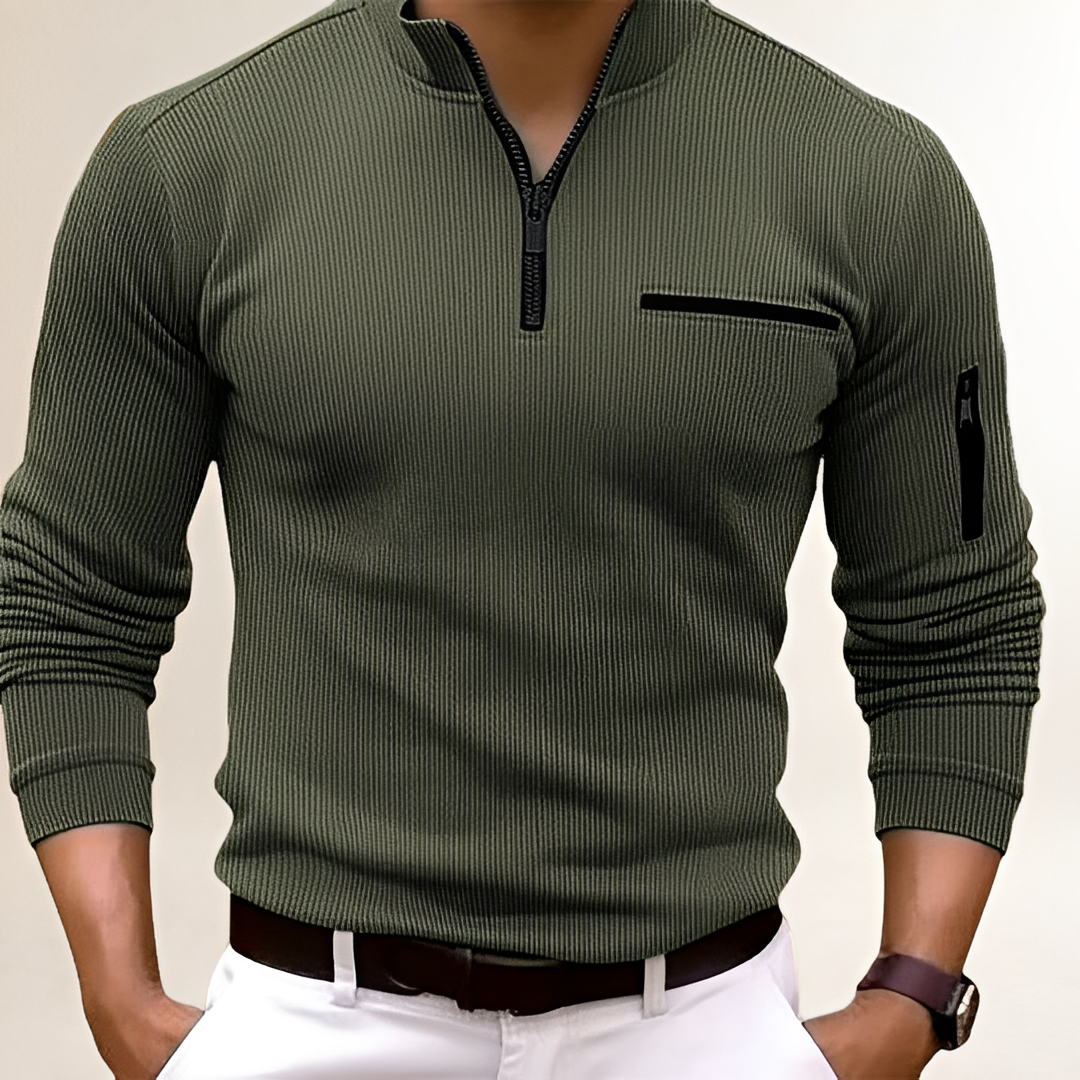 Pull homme à col zippé avec poche poitrine - design côtelé, coupe slim