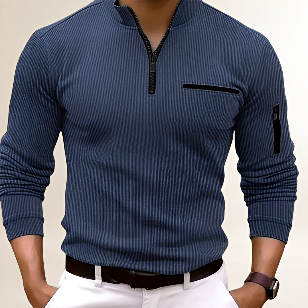 Pull homme à col zippé avec poche poitrine - design côtelé, coupe slim