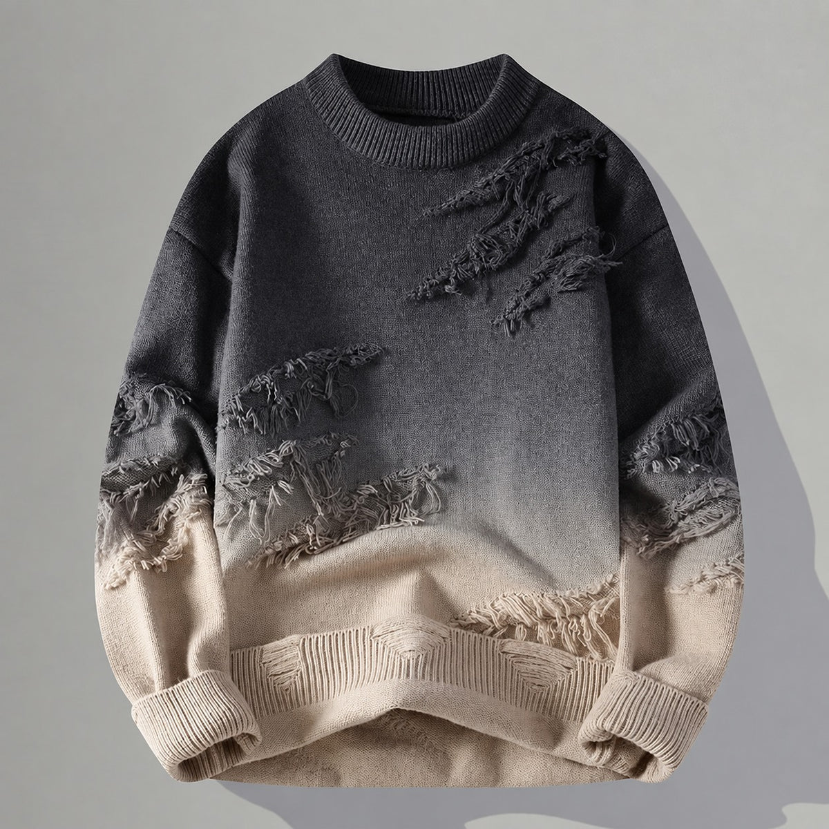Pull homme délavé à gradient ton sur ton et détails frangés