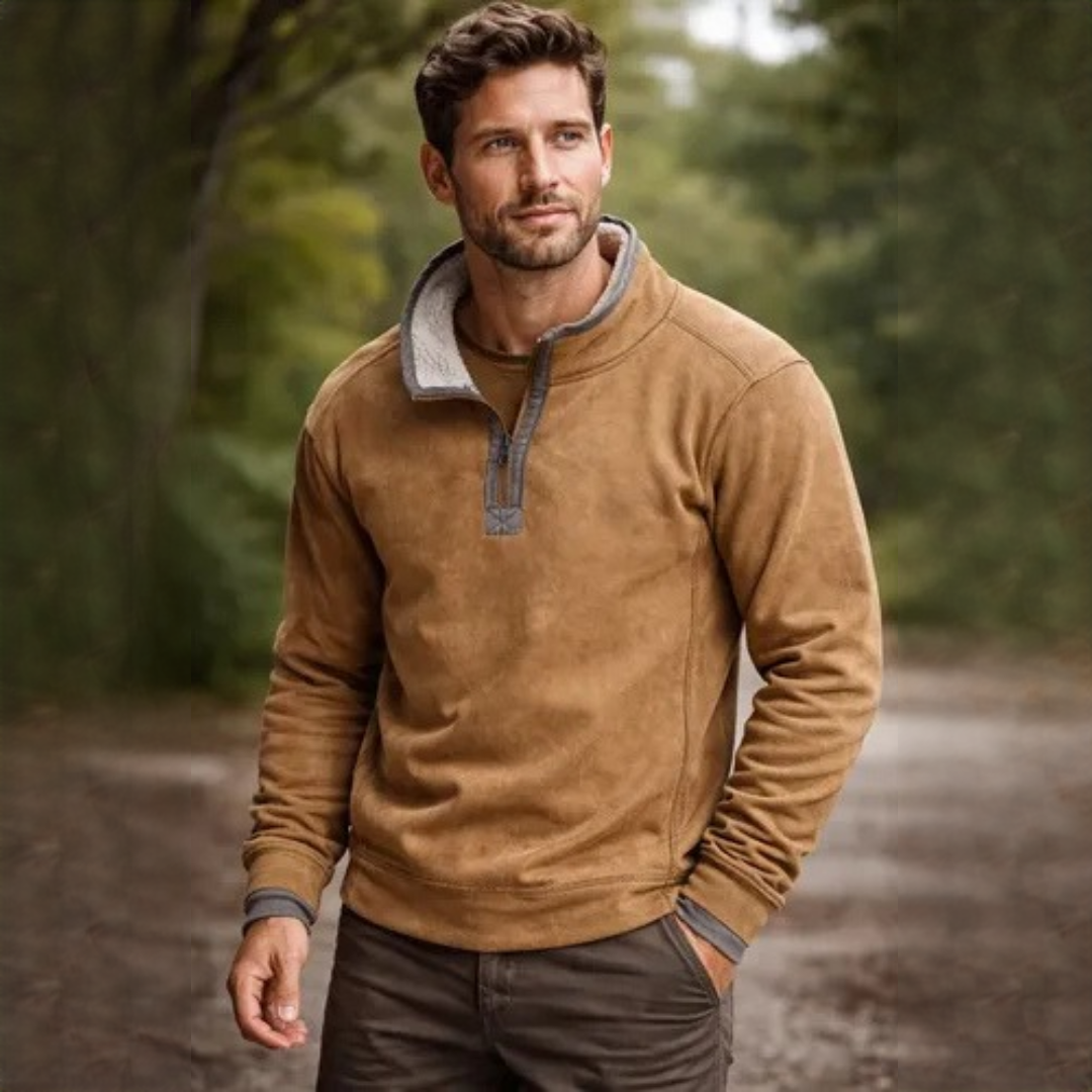 Pull homme demi-zip col cheminée avec coudières contrastées – coupe décontractée