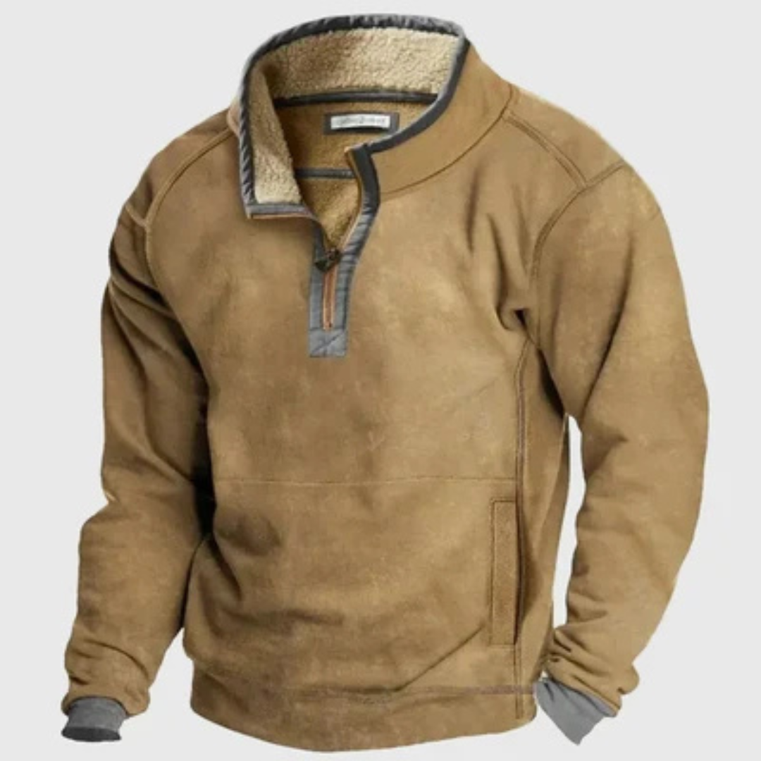 Pull homme demi-zip col cheminée avec coudières contrastées – coupe décontractée