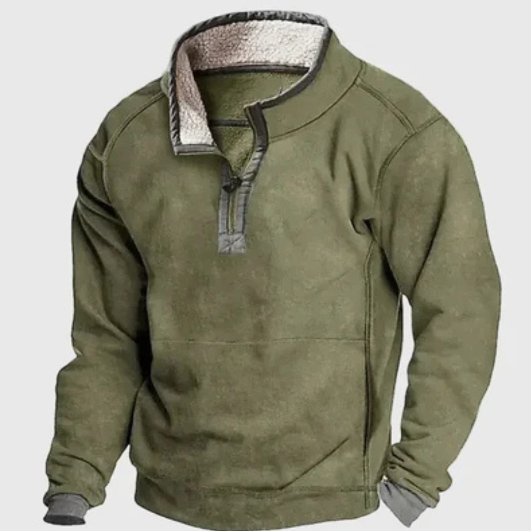 Pull homme demi-zip col cheminée avec coudières contrastées – coupe décontractée