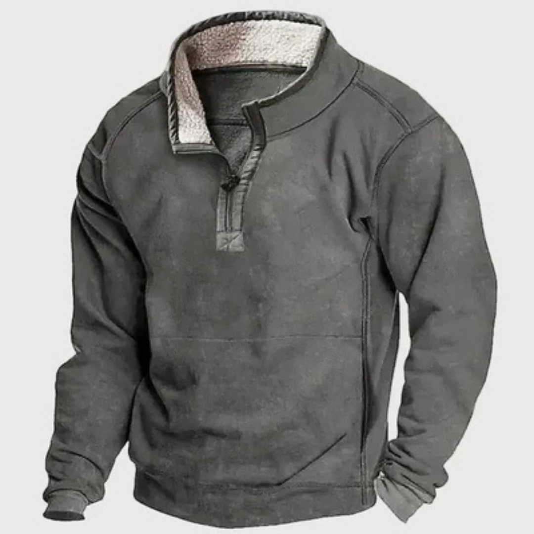 Pull homme demi-zip col cheminée avec coudières contrastées – coupe décontractée