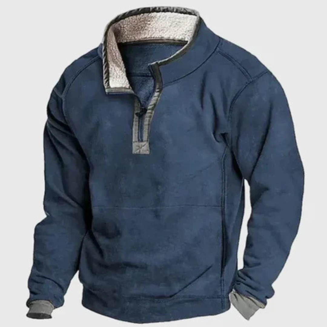 Pull homme demi-zip col cheminée avec coudières contrastées – coupe décontractée